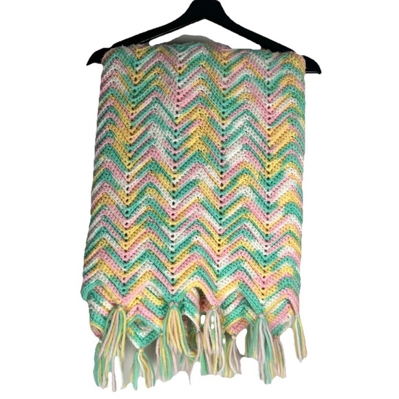 Handmade Other - Handmade Crochet Chevron Throw Blanket Pastel Pink Yellow Green Zig Zag Tassels